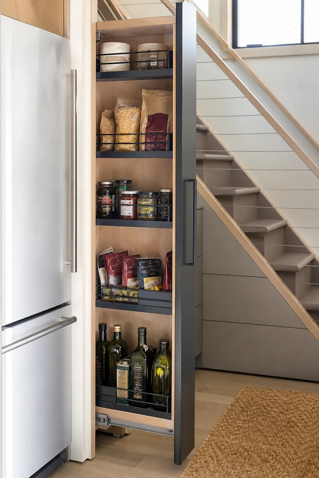 Slim pull-out pantry with visible dry ingredients in a compact kitchen