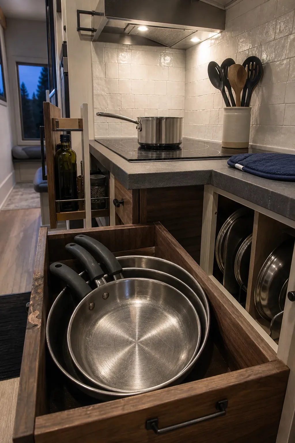 Tiny home stovetop with nearby cookware drawer and organized cooking utensils