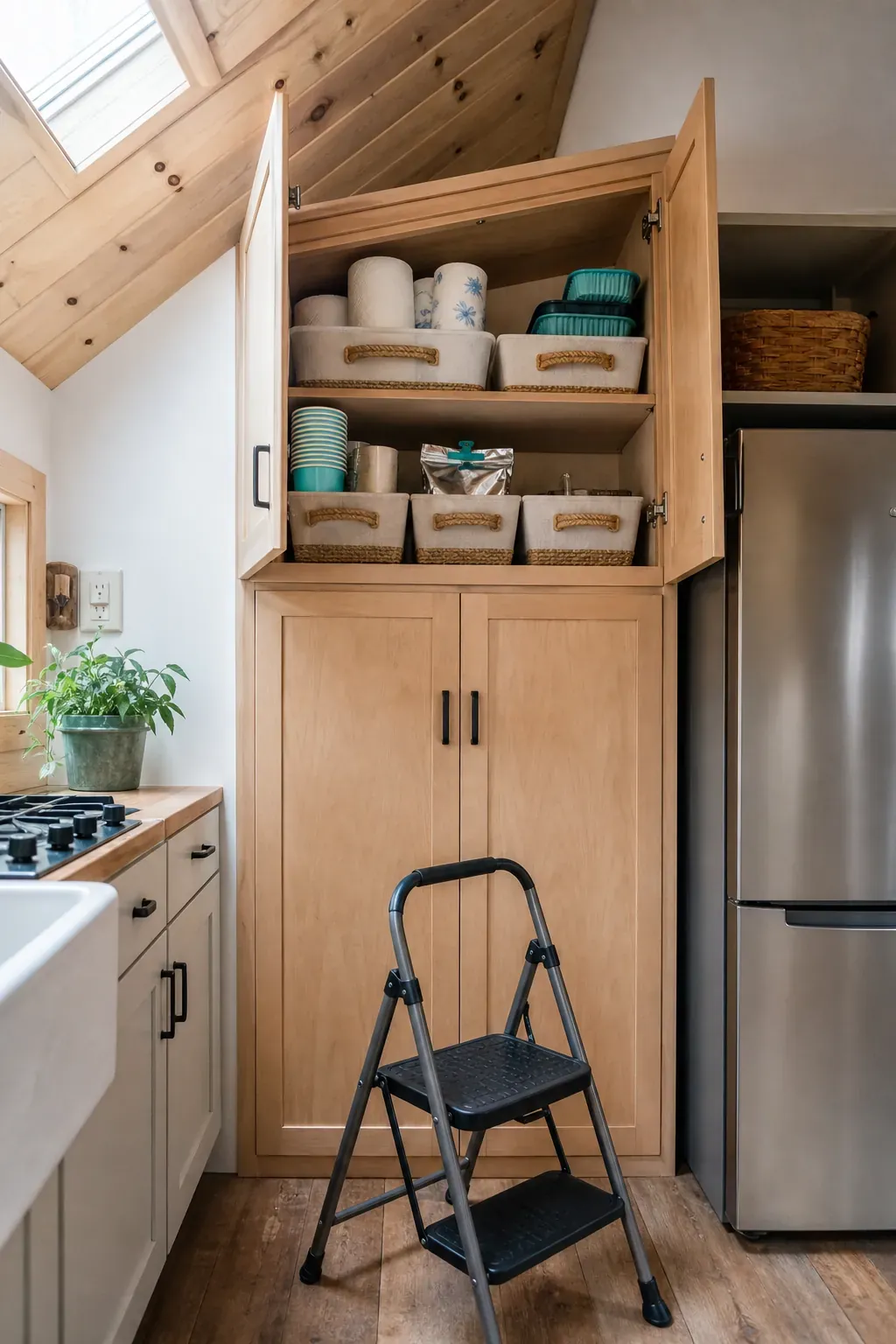 Labeled lightweight backstock bins in high cabinets of a tiny home kitchen