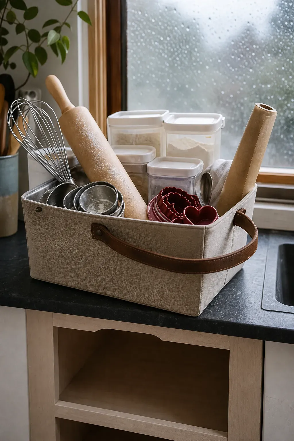Portable baking kit with flour tools and measuring cups stored together in a small kitchen