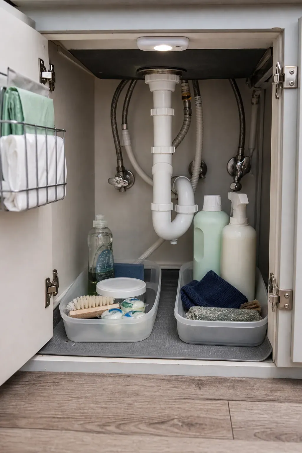 Leak-aware under-sink storage with cleaning supplies in removable bins