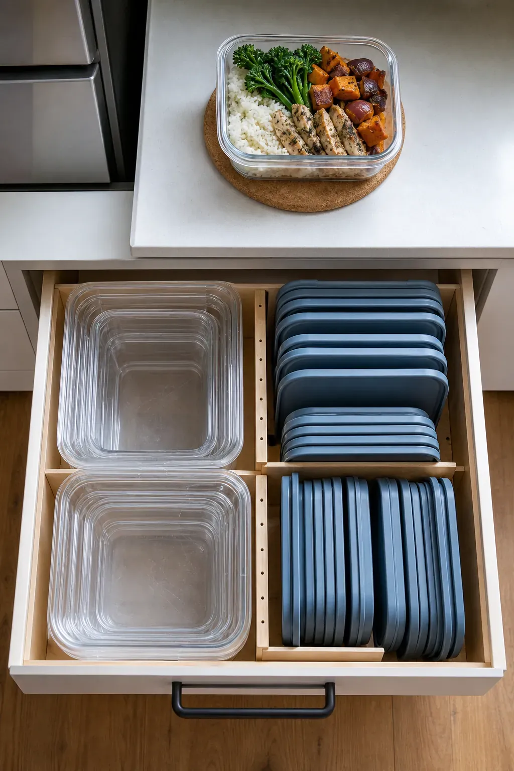Nested food containers with matching lids stored vertically in a compact drawer
