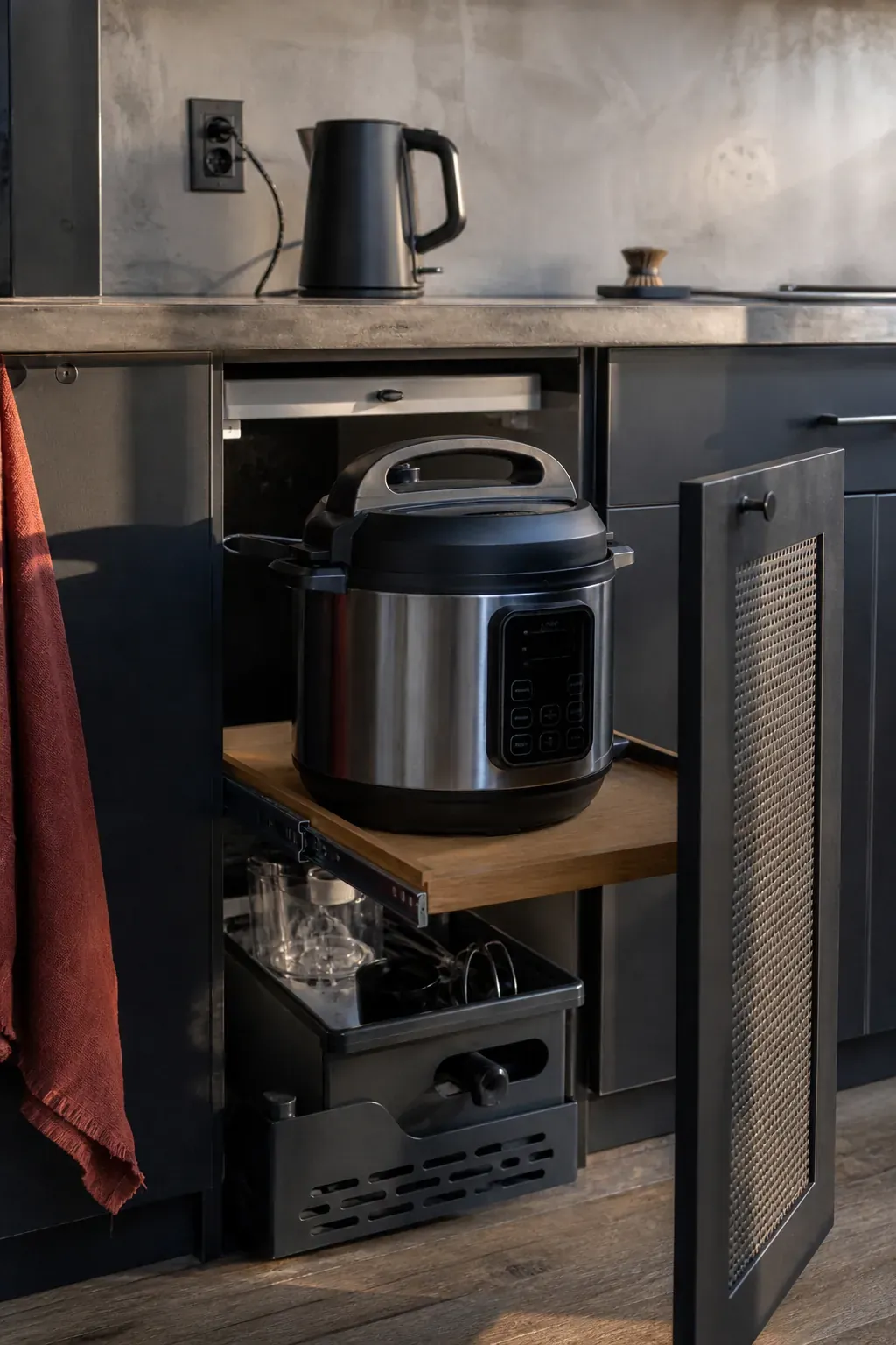 Frequently used compact appliances organized on an accessible pull-out shelf