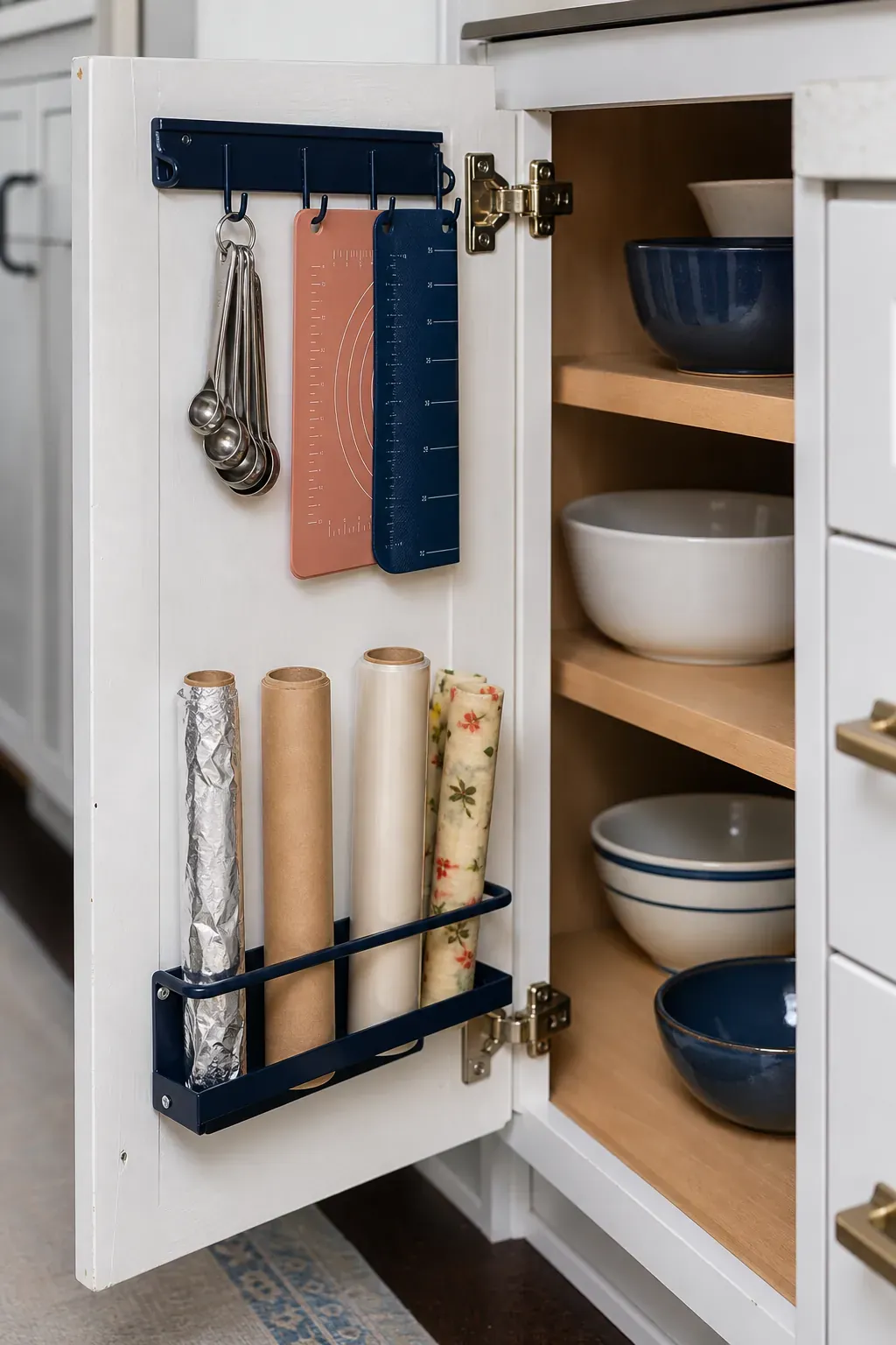 Shallow racks on cabinet doors holding wraps and measuring tools in a tiny kitchen