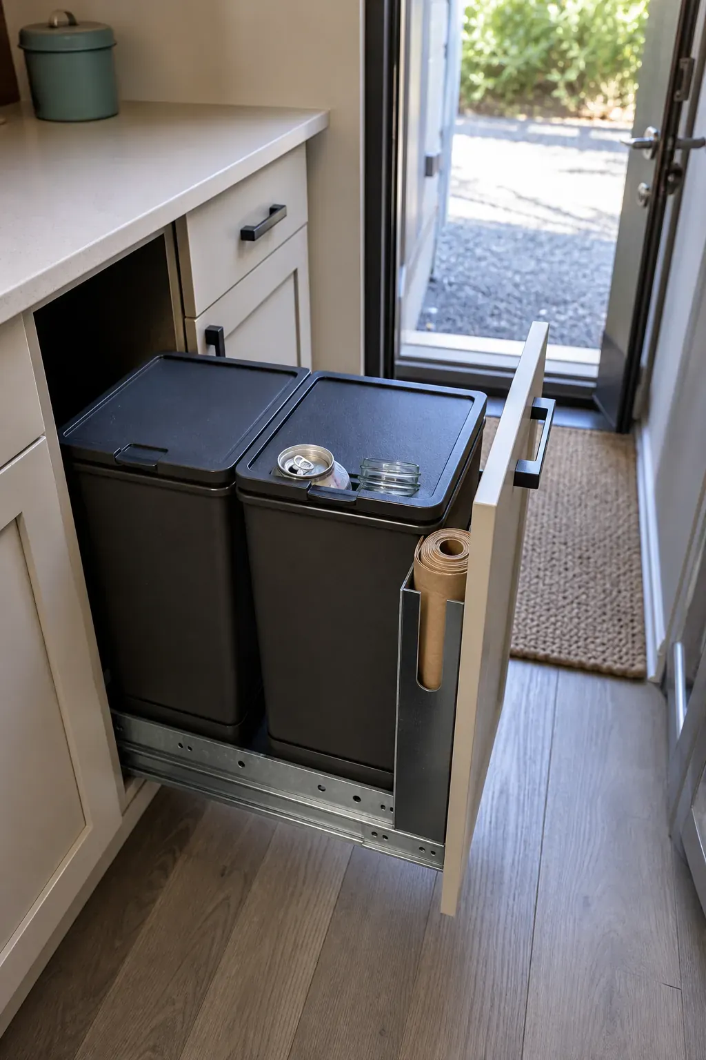 Compact pull-out waste and recycling bins fitted beneath a tiny kitchen counter