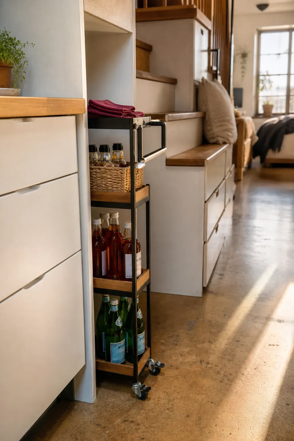Slim rolling kitchen cart used as flexible overflow storage in a tiny home