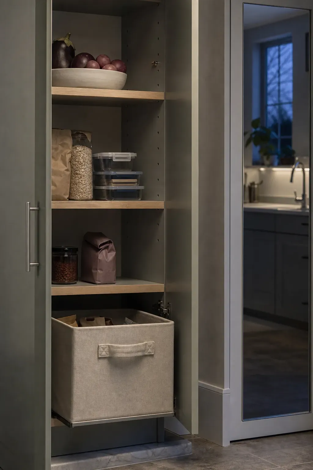 Adjustable cabinet shelves with neatly spaced everyday kitchen supplies