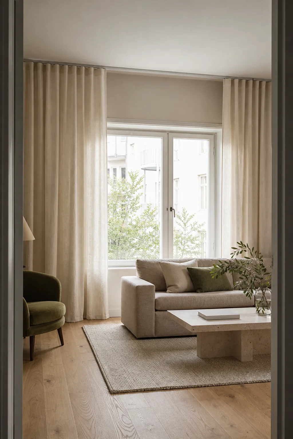 Floor-to-ceiling neutral curtains making a living room feel taller
