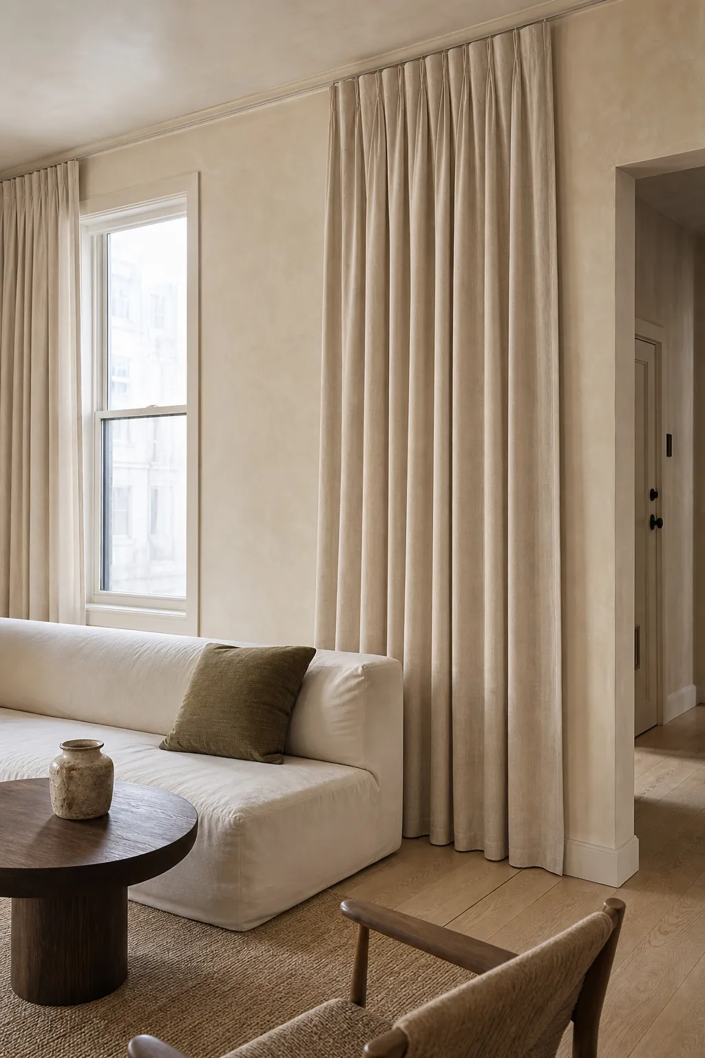 Neutral curtains matched to warm living room walls for added visual height