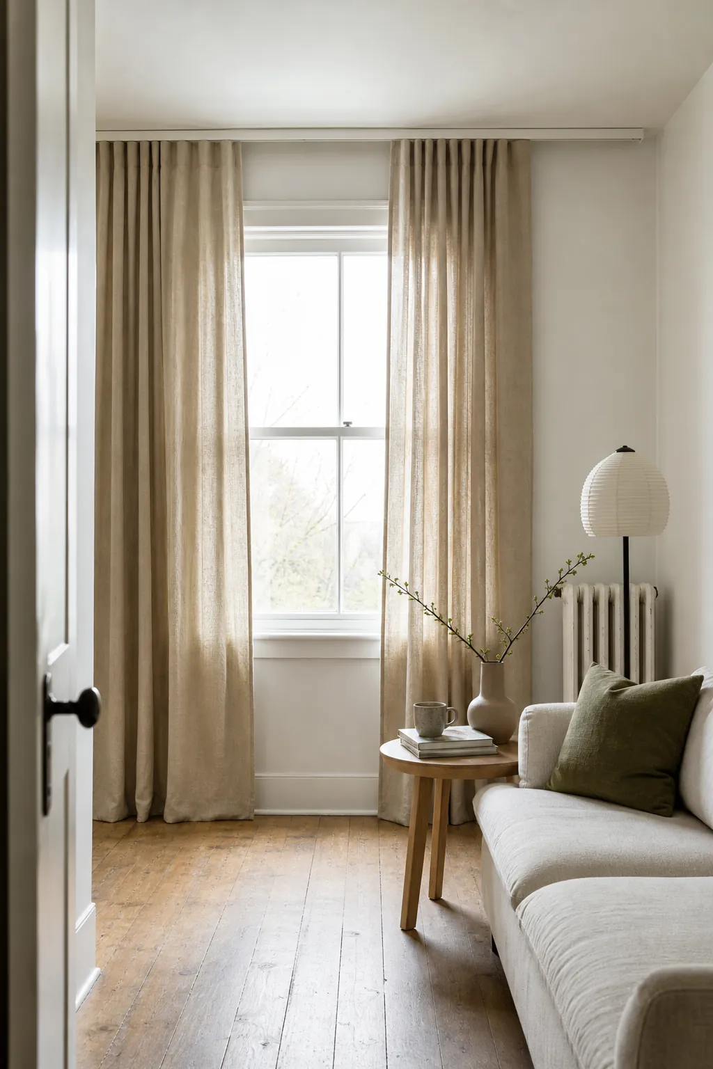 Floor-length linen living room curtains mounted on a slim ceiling track