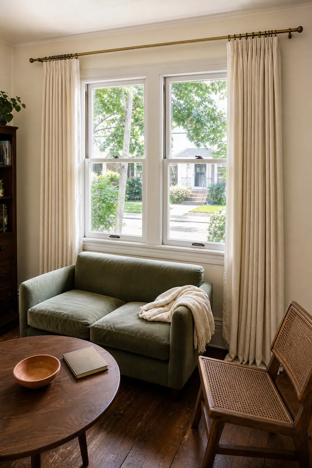 Wide curtain rod allowing living room panels to stack beyond the window