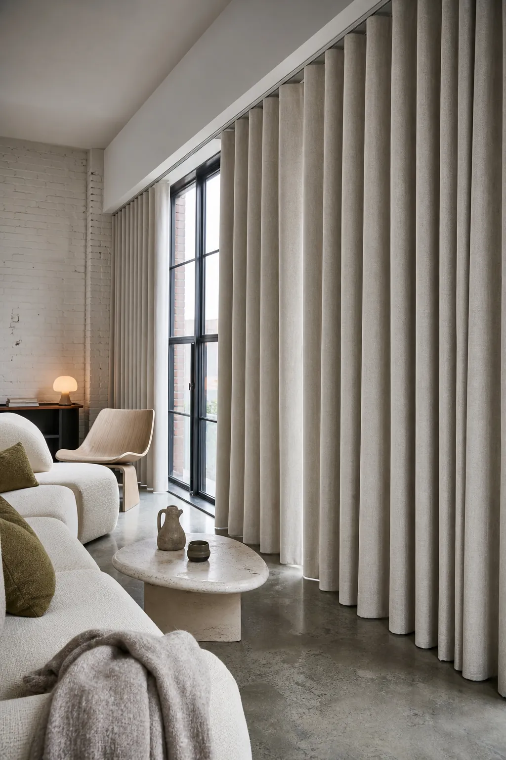 Modern wave-header living room curtains creating continuous vertical folds
