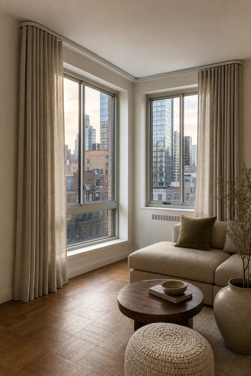 Continuous curtain track wrapping a living room corner window
