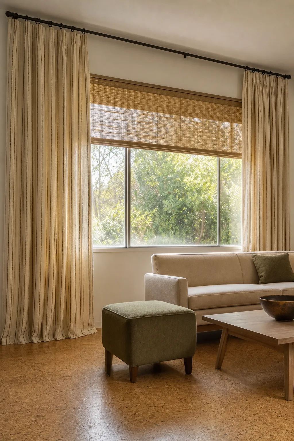Subtle vertical striped living room curtains emphasizing room height