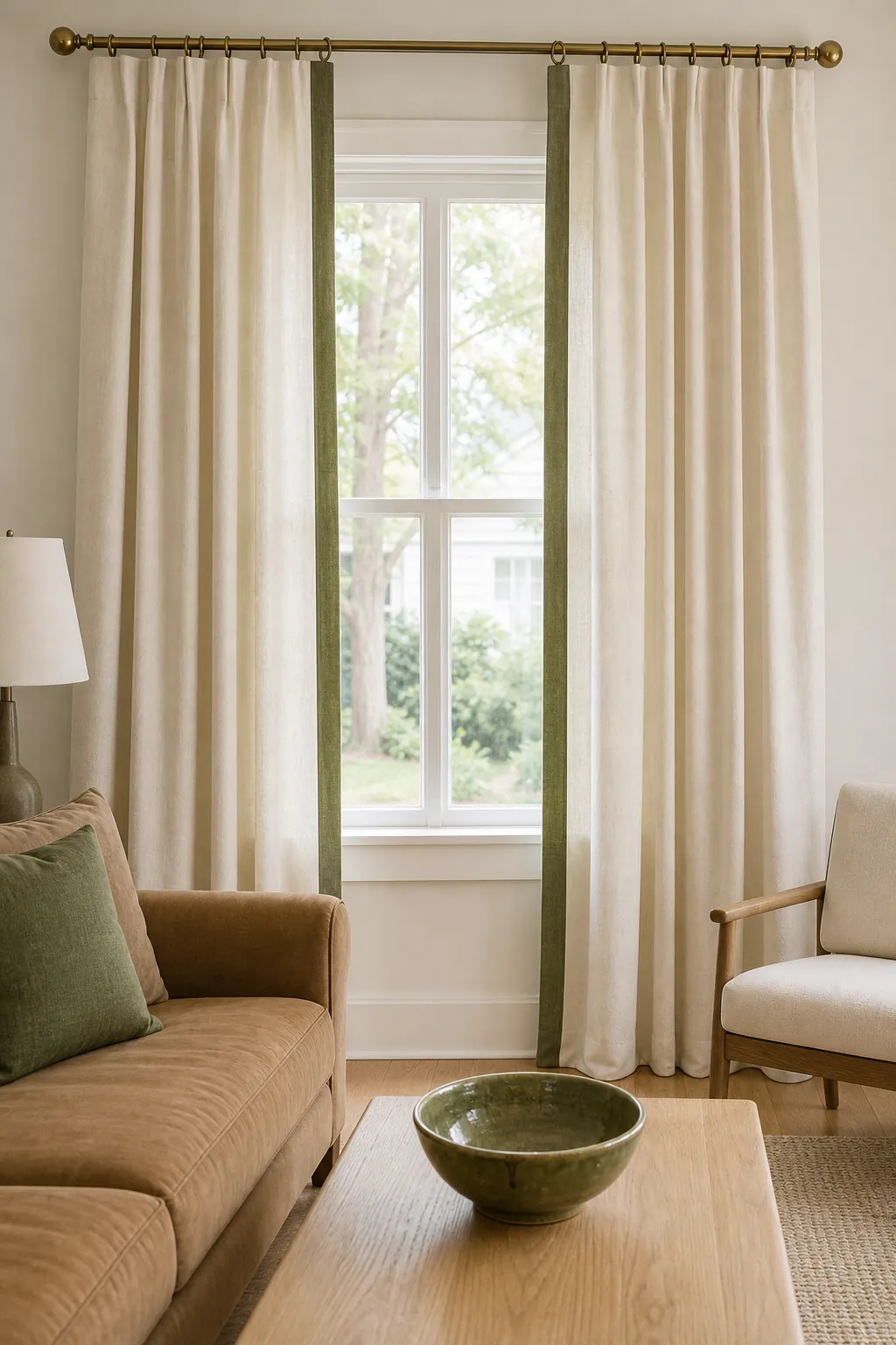 Cream curtains with olive leading-edge trim creating a tall vertical accent