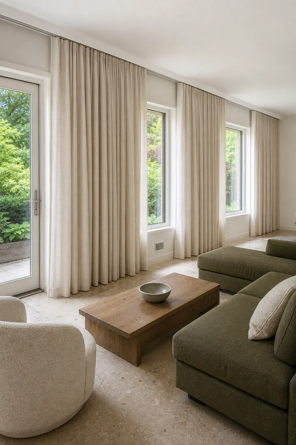Wall-to-wall full-height curtains unifying several living room windows