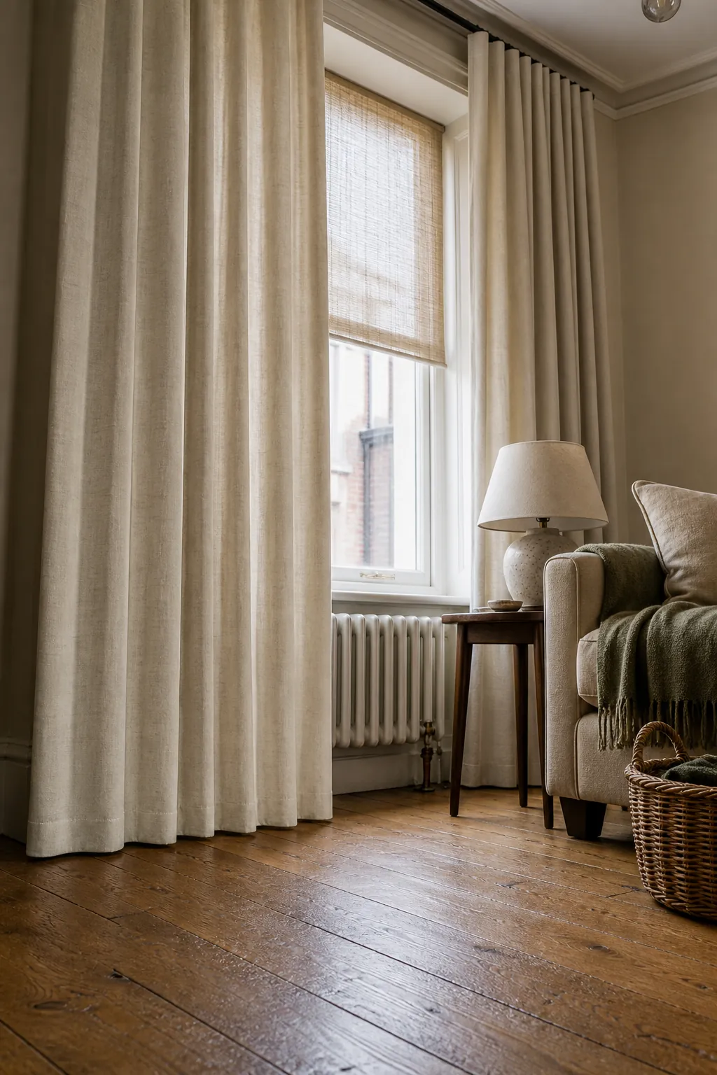 Full-length living room curtain hem barely touching the floor