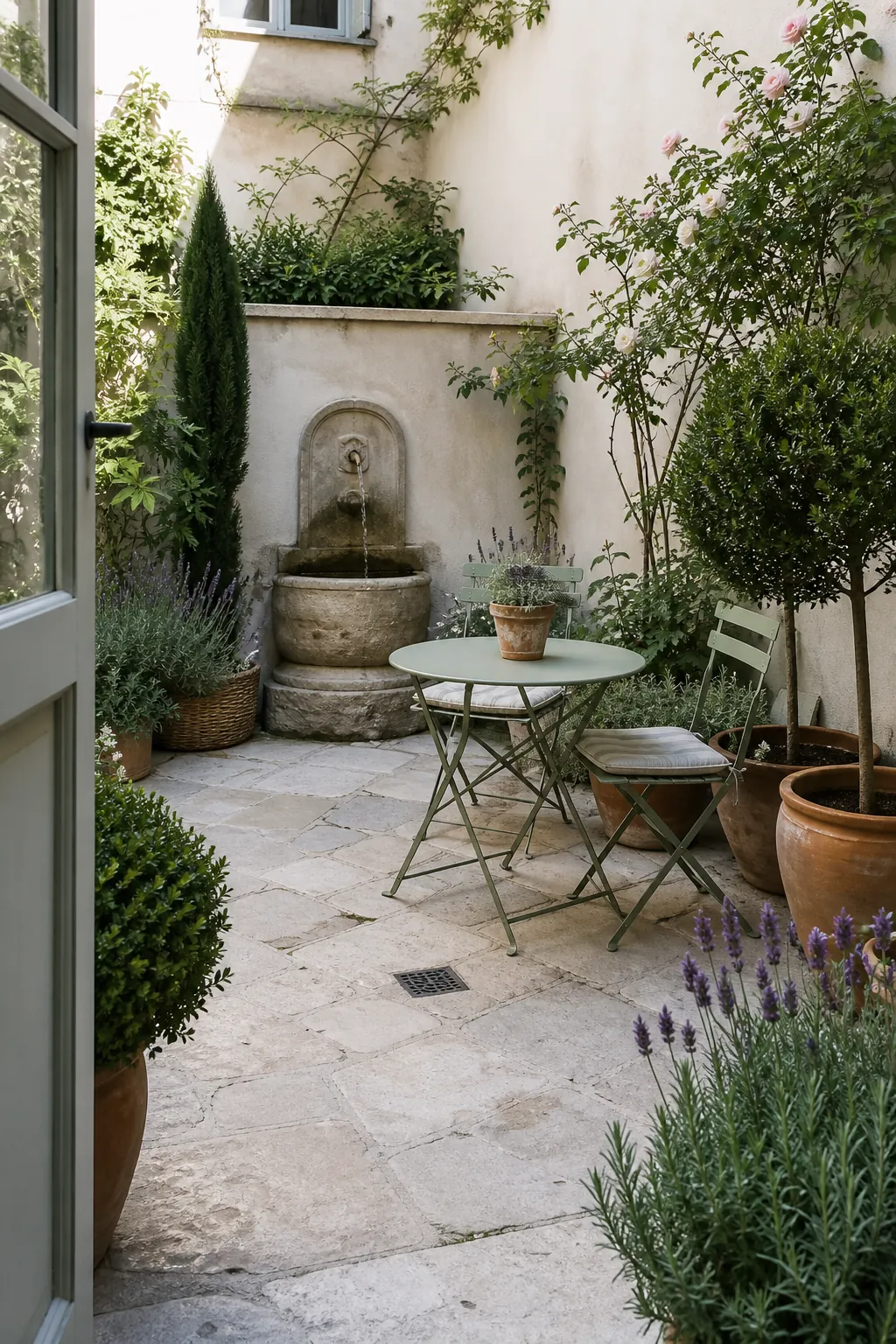 Elegant French courtyard garden with limestone paving, fountain, bistro table, and layered greenery