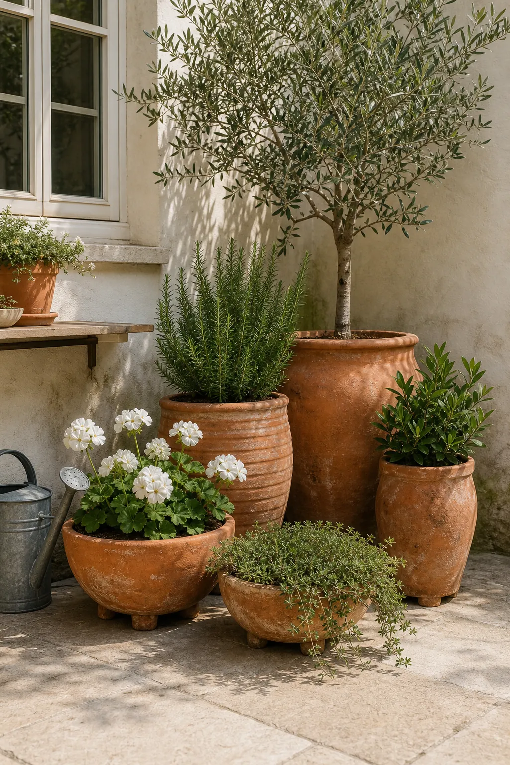 Layered terracotta pots with herbs and flowers on a French patio