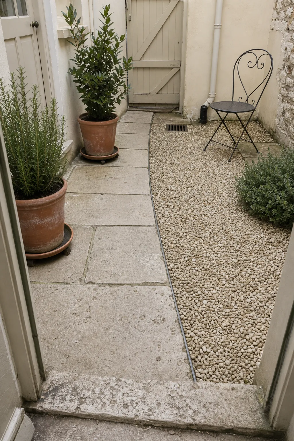 Pale gravel French courtyard with stone walking path and terracotta planters
