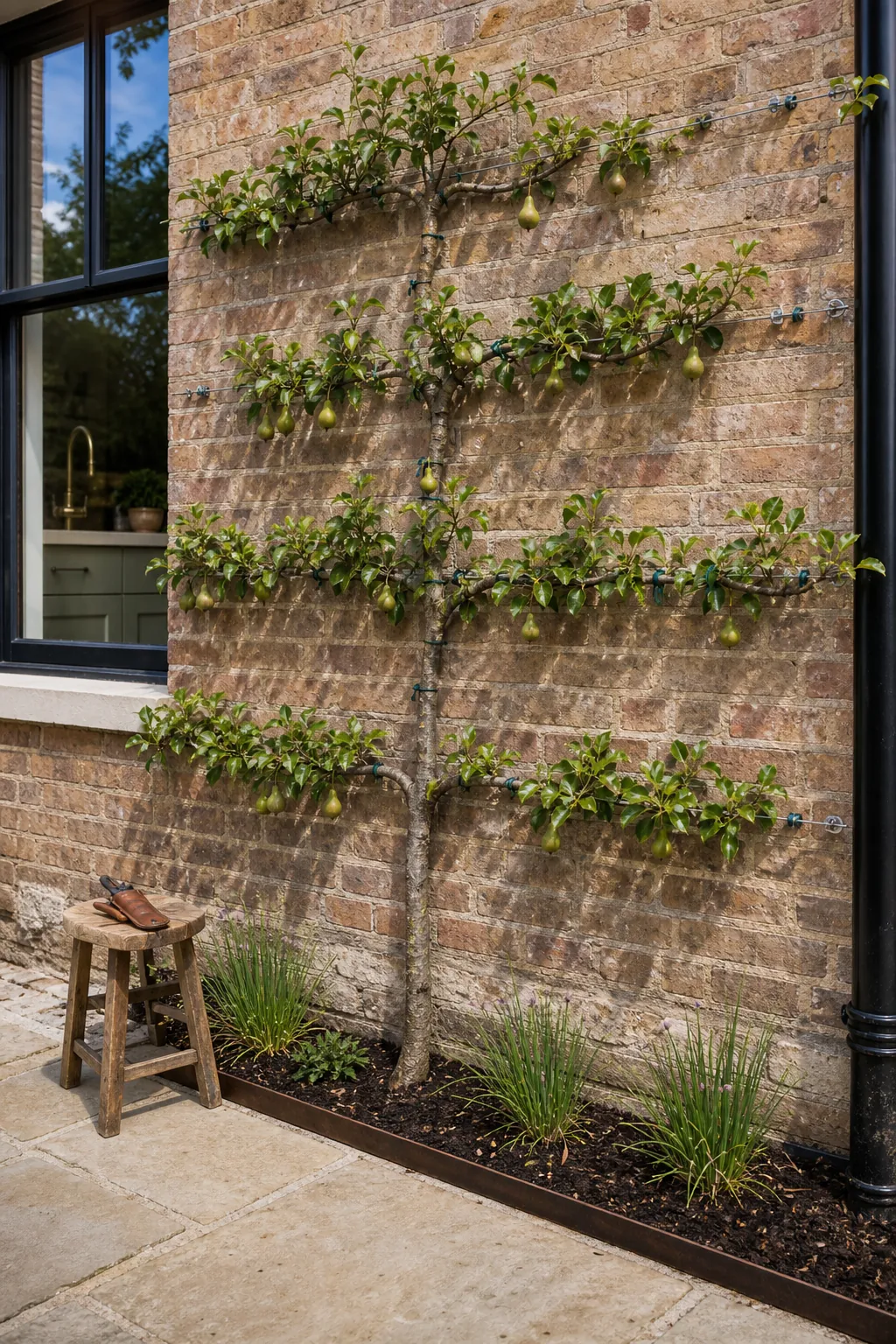 Espalier pear tree trained on a warm courtyard wall above stone paving