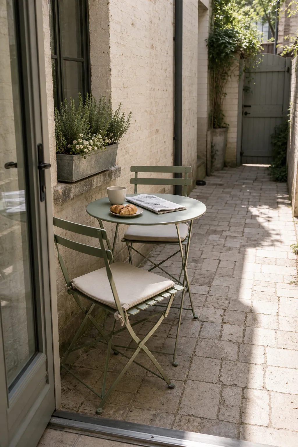 Green folding bistro set on a compact French courtyard patio