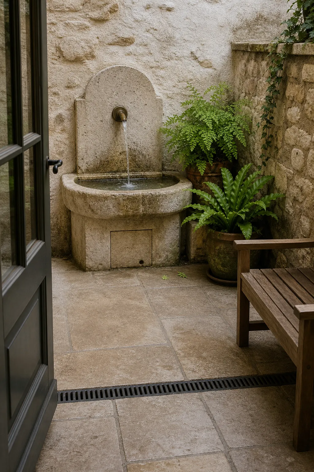 Weathered stone wall fountain in an intimate French courtyard garden