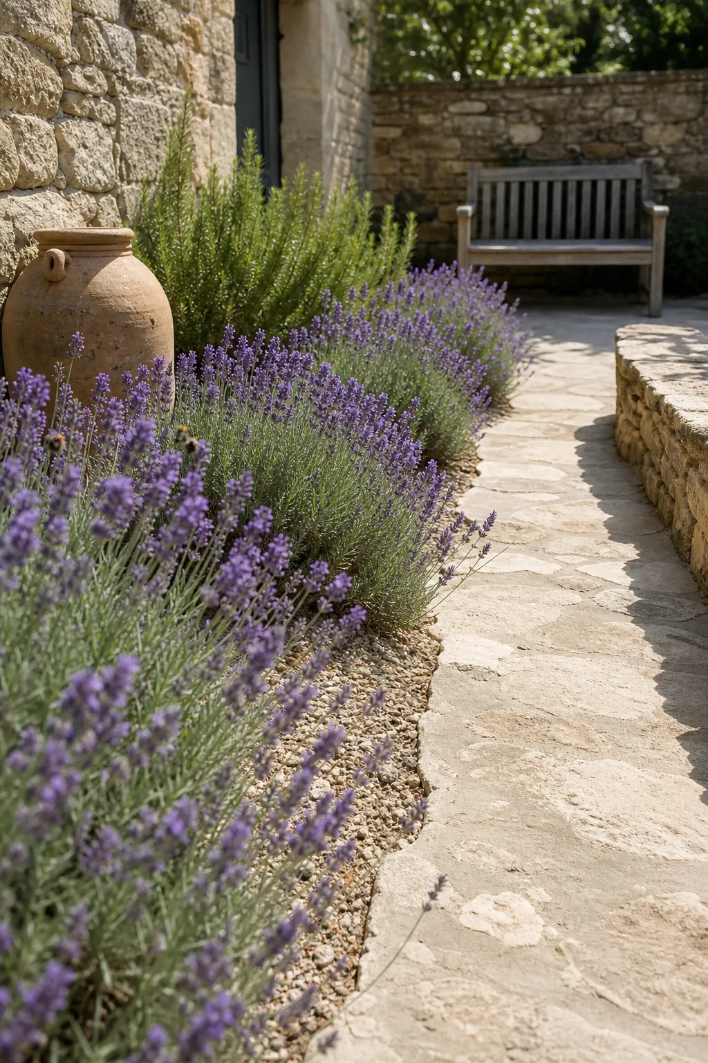 Lavender edging a pale stone path in a sunny French courtyard