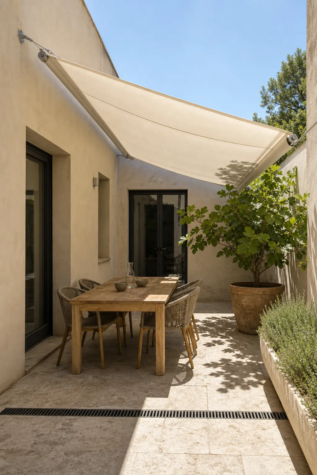 Airy cream canopy shading a small French courtyard dining area