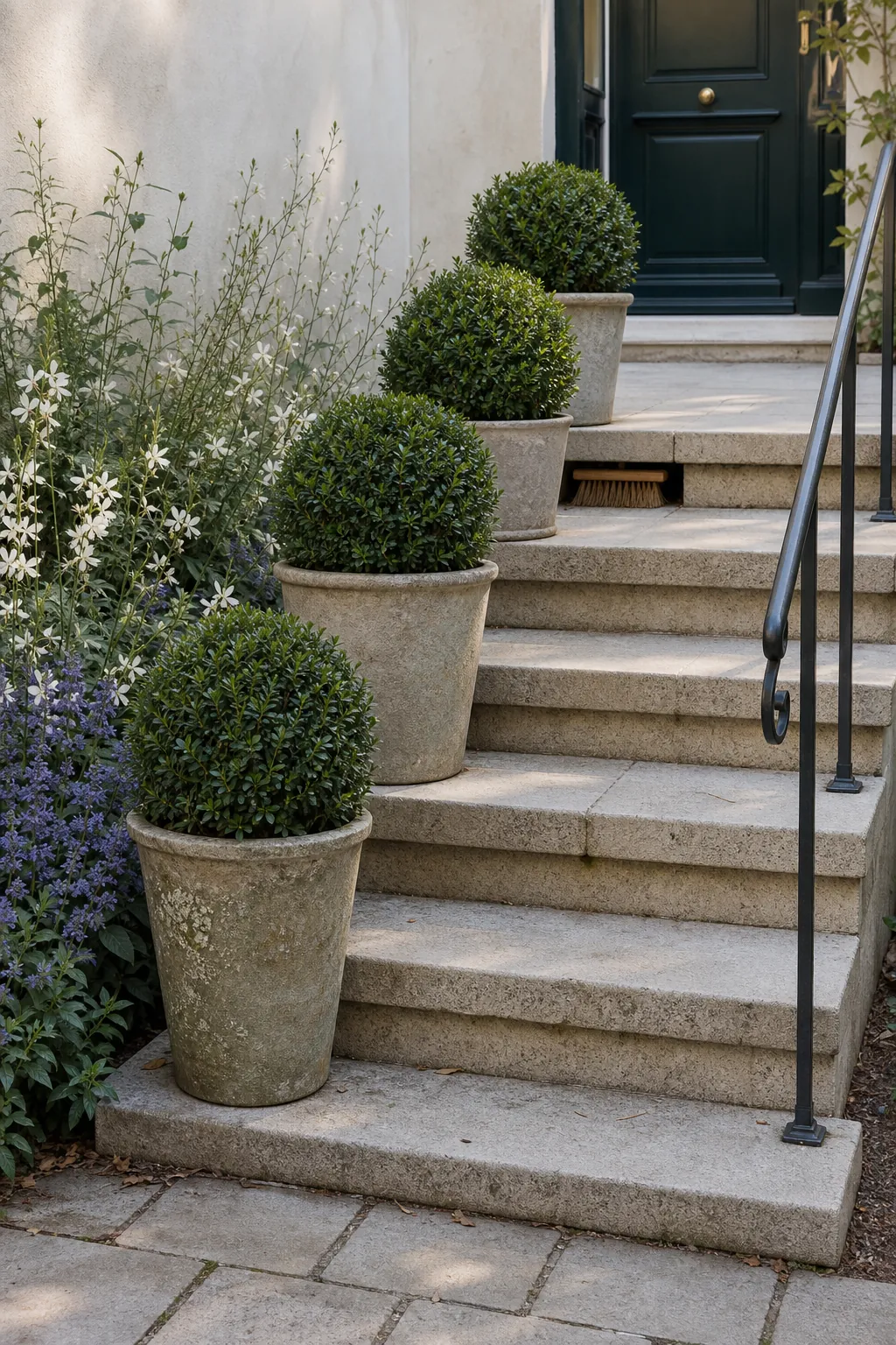 Clipped evergreen spheres creating a formal rhythm beside courtyard steps