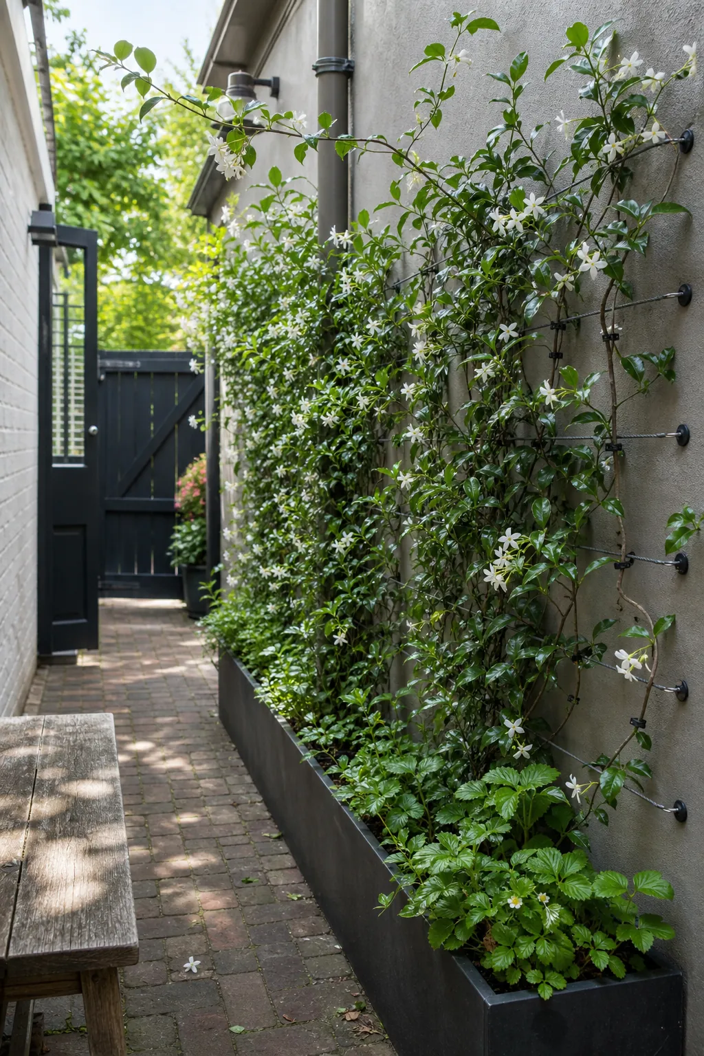 Star jasmine climbing a black metal trellis in a narrow courtyard