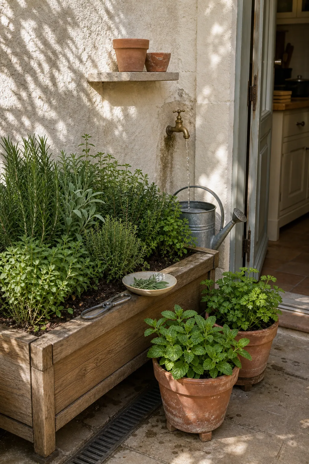 Terracotta herb potager with rosemary and thyme in a French courtyard corner