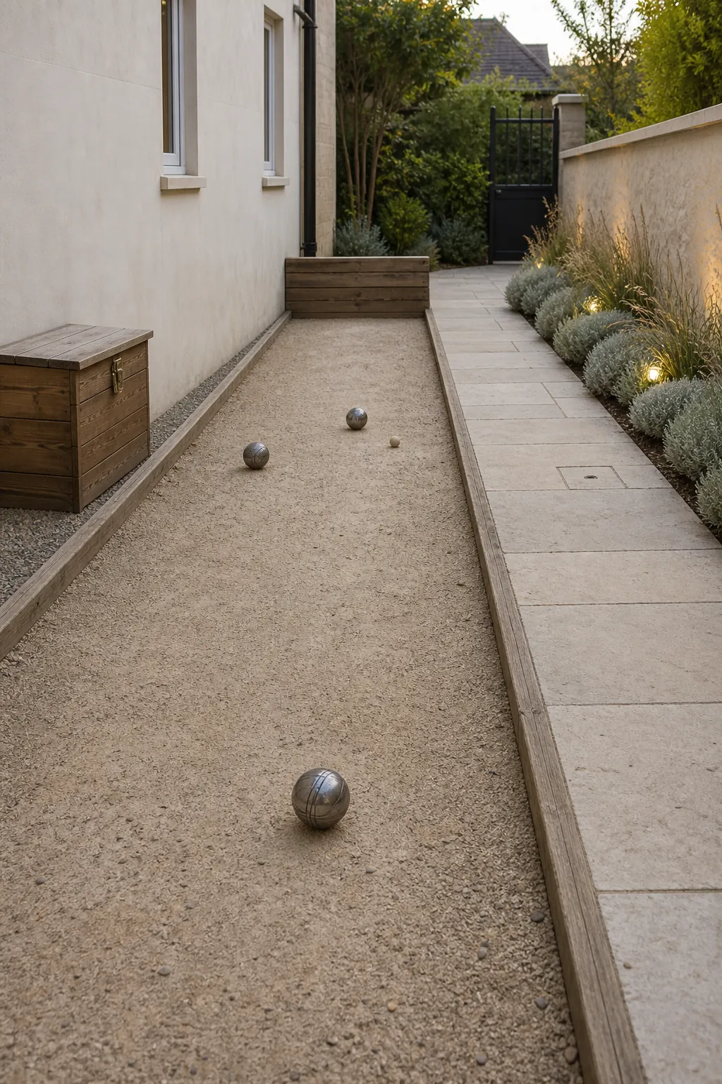 Narrow gravel boules strip beside a planted French courtyard patio