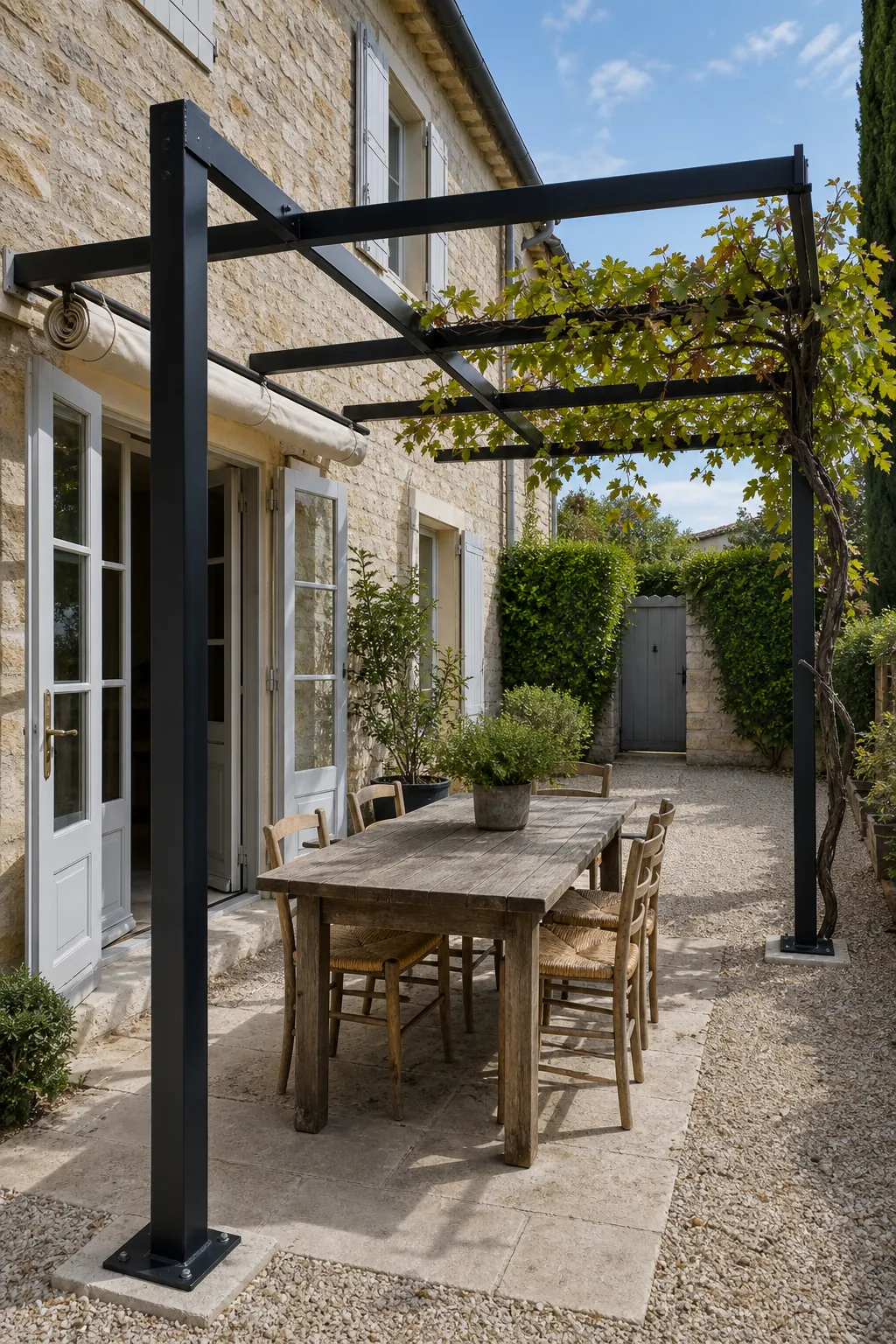 Slender black iron pergola framing a French courtyard dining space