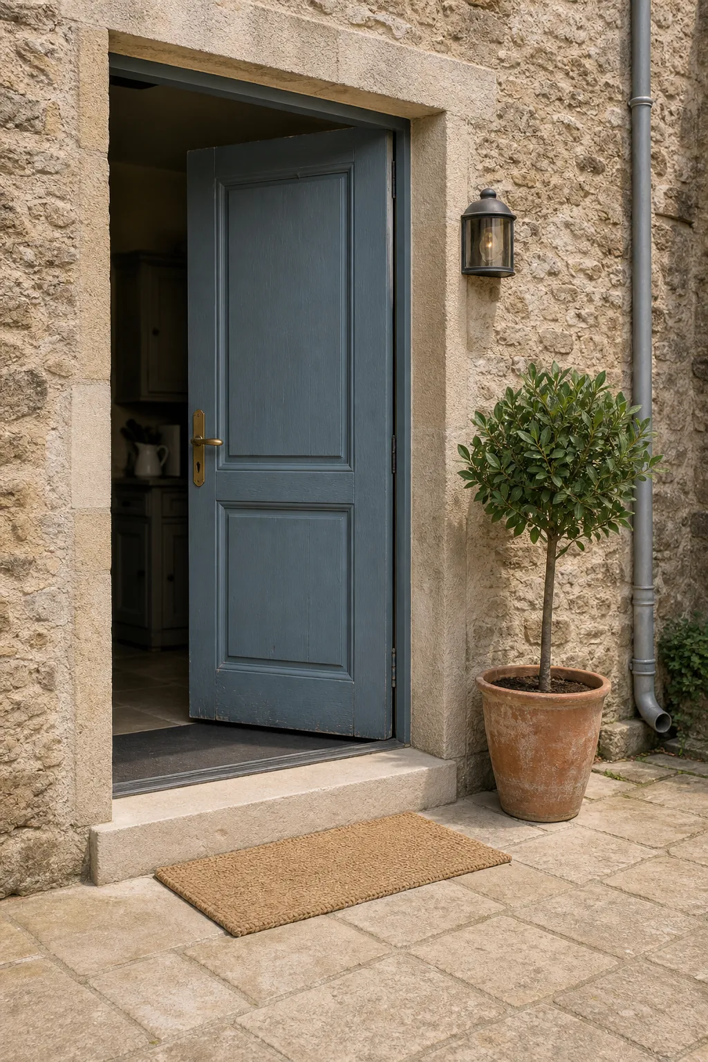 Muted blue door opening onto a warm stone French courtyard