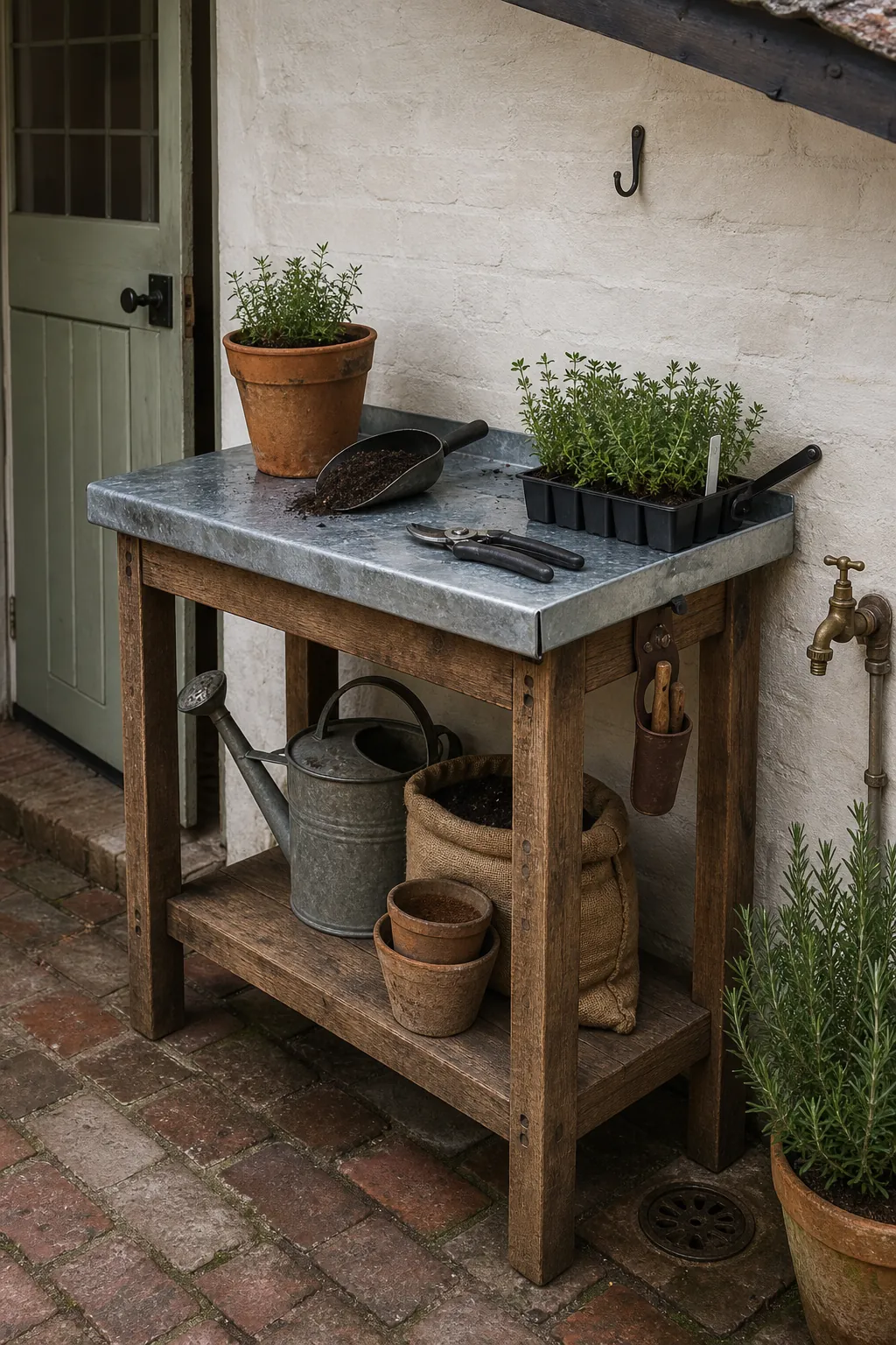 Weathered zinc-topped potting table in a cottage courtyard