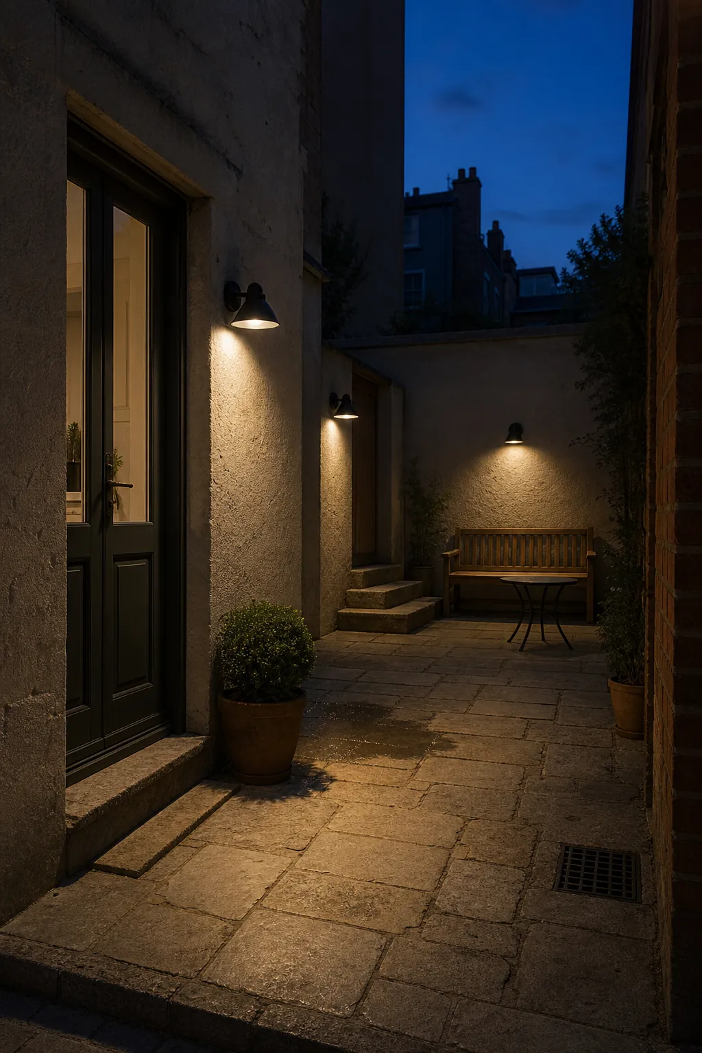Warm shielded sconces lighting textured courtyard walls at dusk
