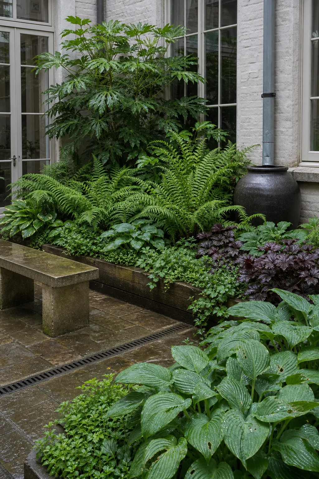 Layered ferns and hostas filling a shaded stone courtyard