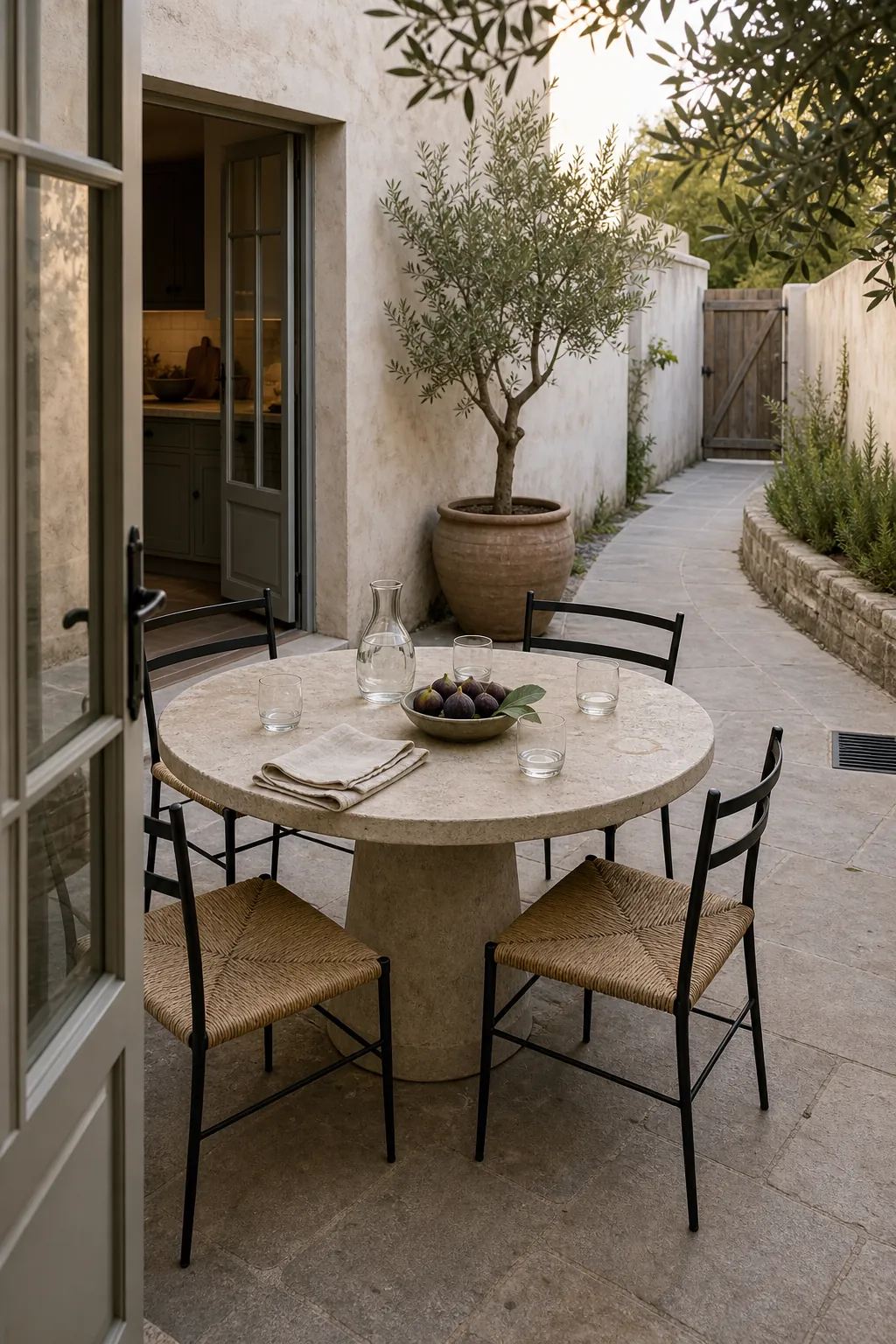 Compact stone table set for dining in a leafy French courtyard