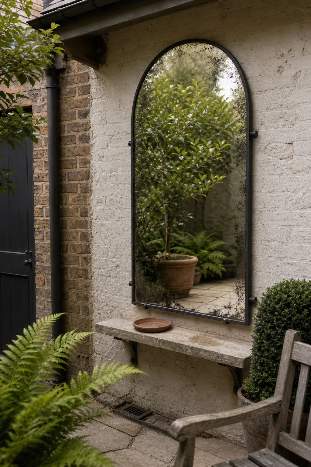 Aged arched mirror reflecting greenery in a compact courtyard