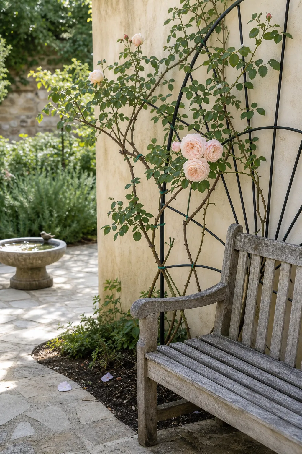 Fragrant pale rose climbing beside a quiet French courtyard bench
