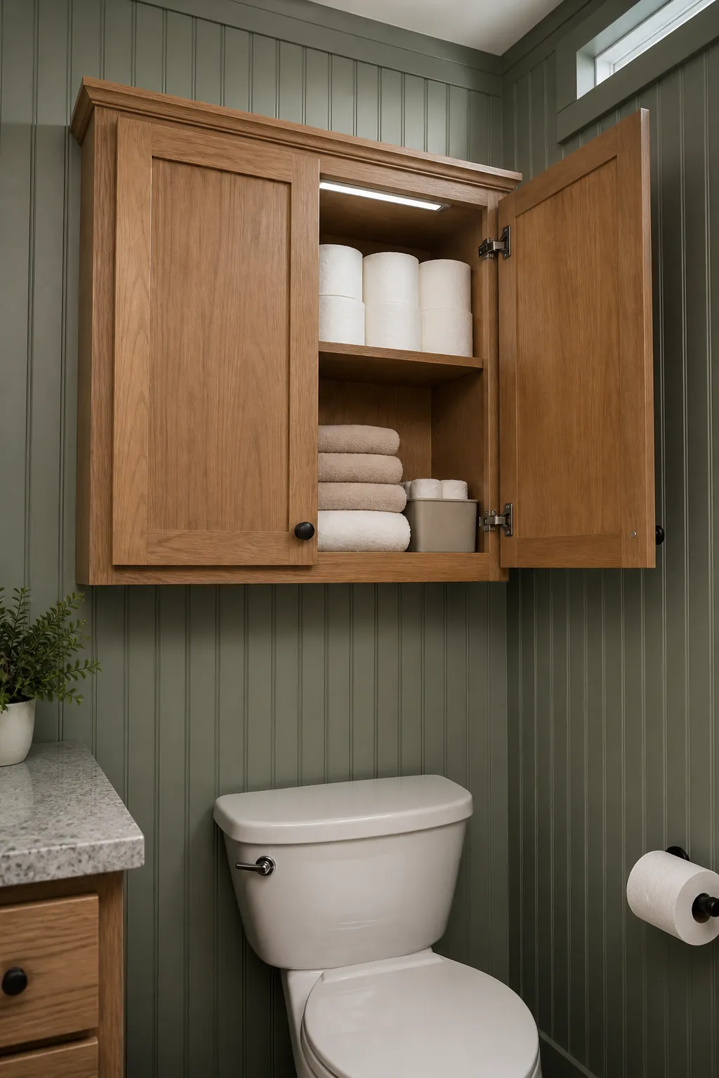 Shallow closed storage cabinet mounted over a toilet