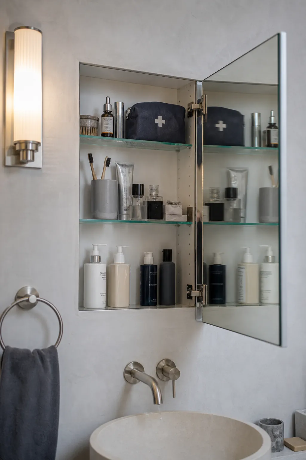Recessed mirrored medicine cabinet in a tiny home bathroom