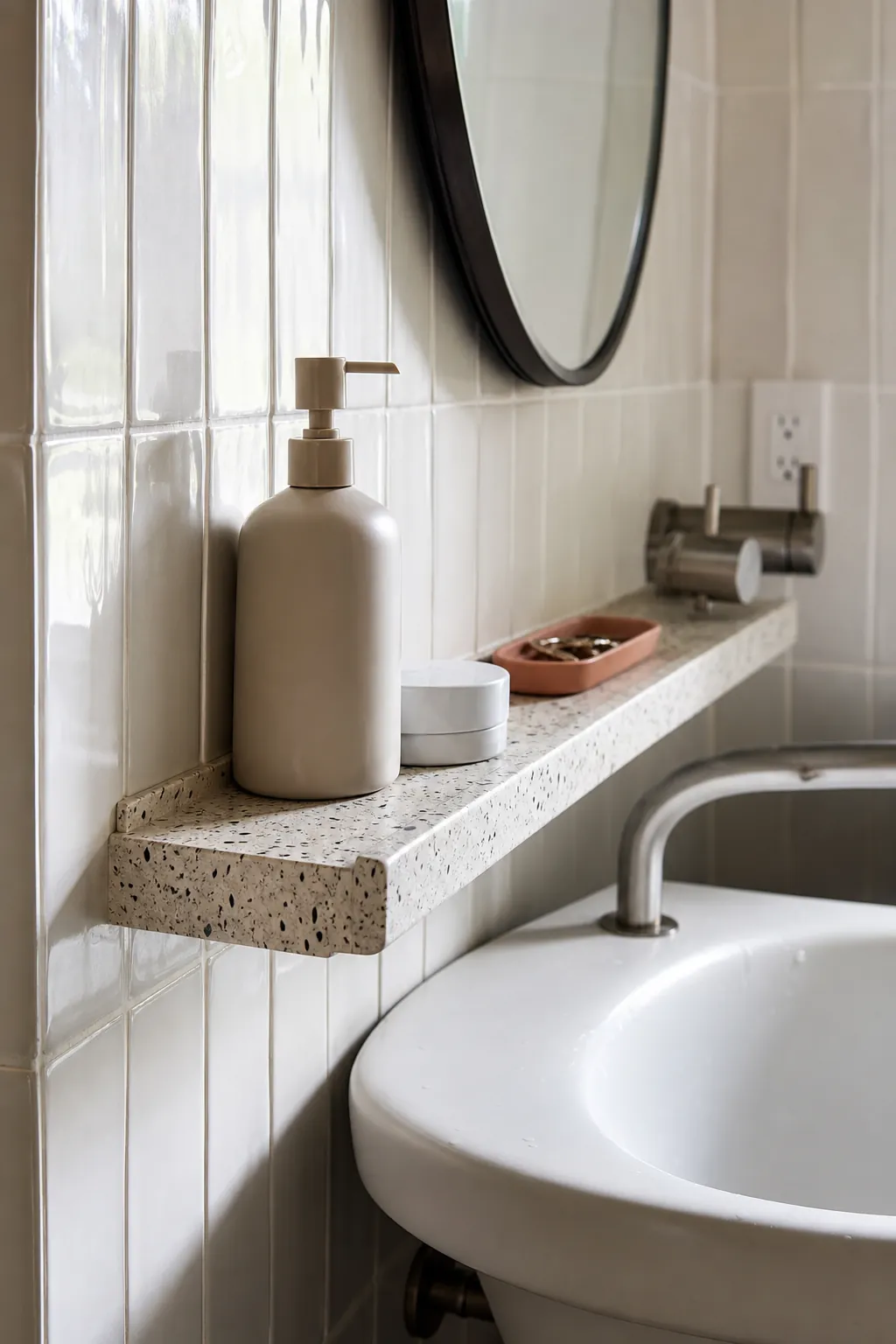 Slim wall ledge above a compact bathroom sink