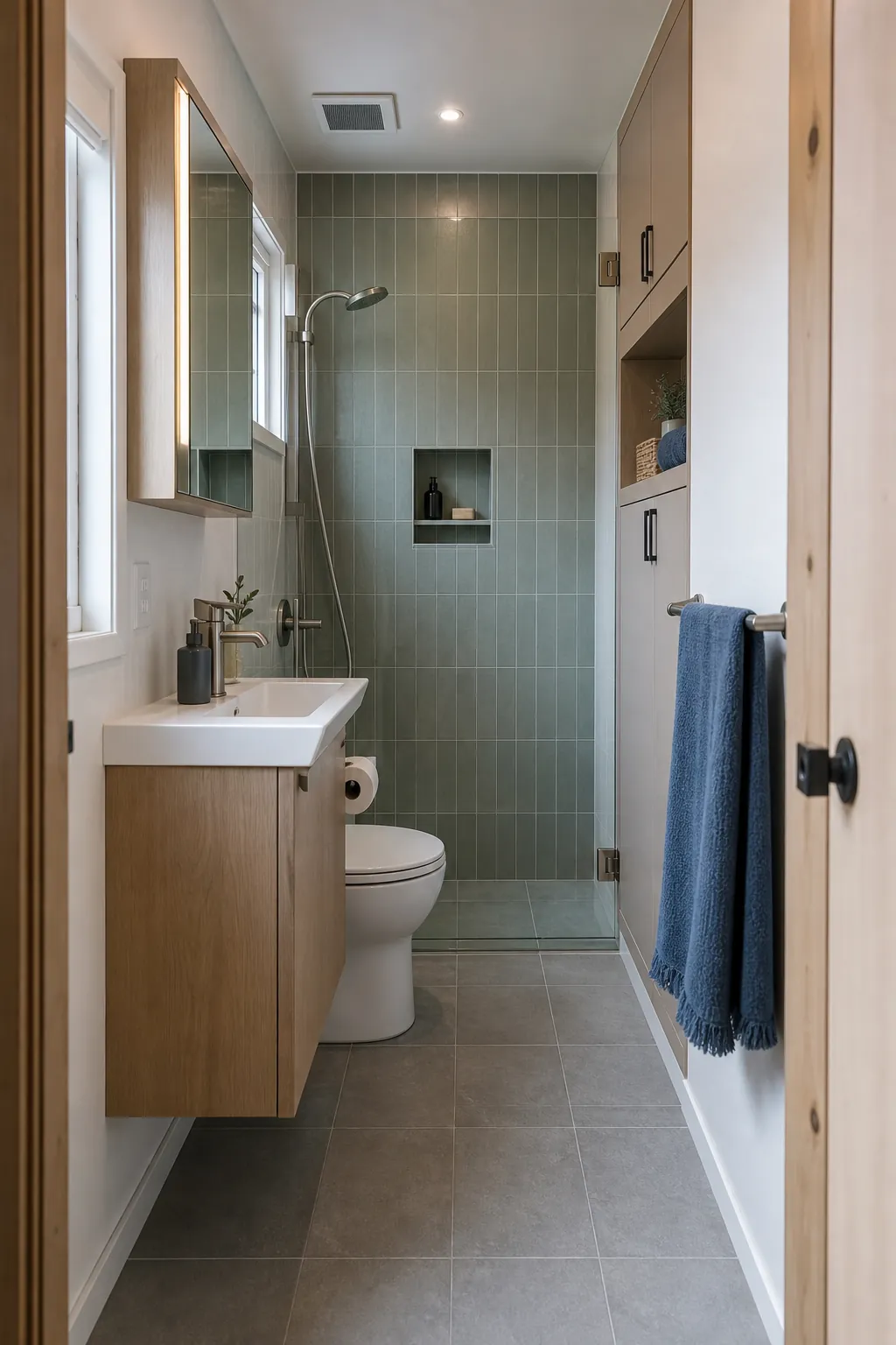 Designed tiny home bathroom using practical wall storage