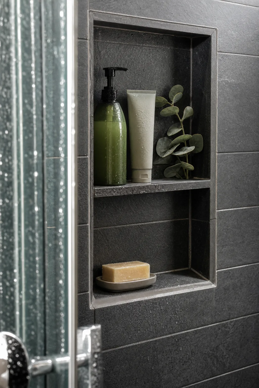 Waterproof recessed niche holding a few shower products