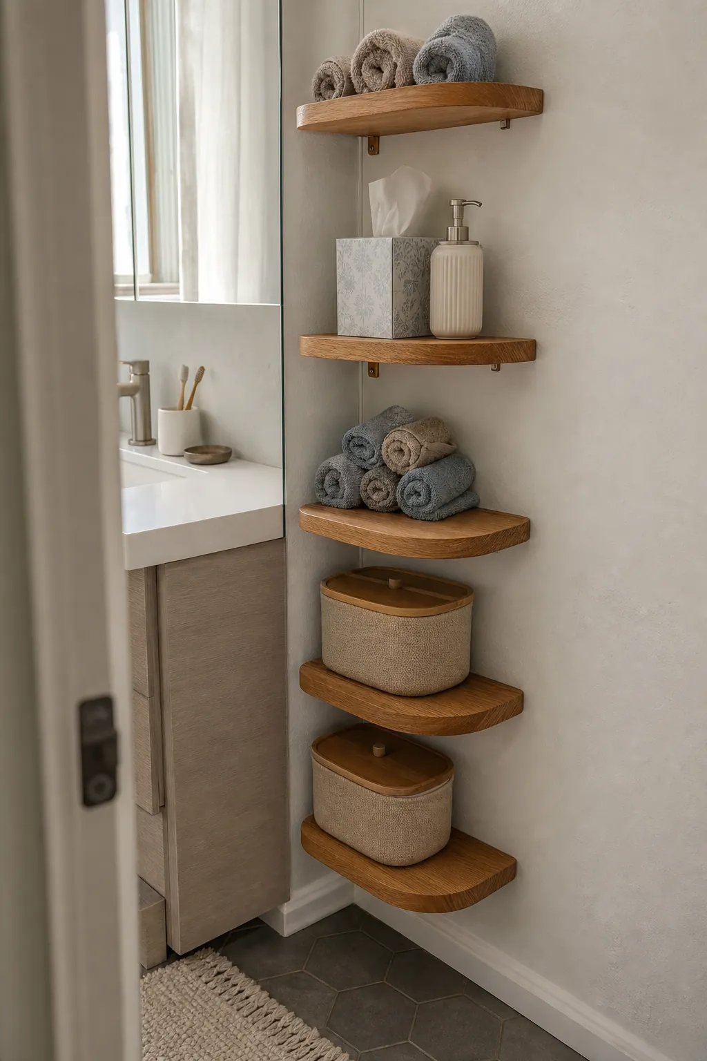 Narrow shelves beside a wall-mounted vanity in a compact bathroom