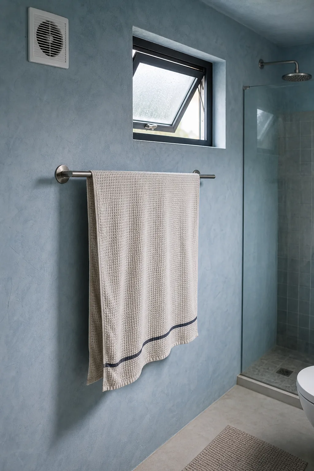 Well-spaced towel rail in a ventilated tiny house bathroom