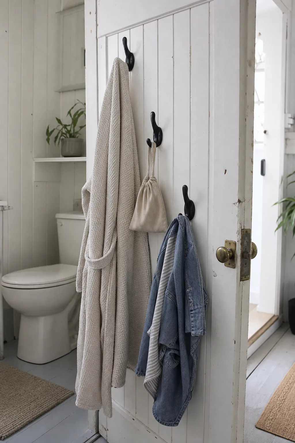 Staggered robe and towel hooks behind a bathroom door
