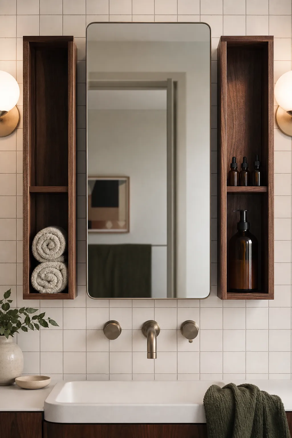 Shallow mirror-side cubbies storing daily bathroom items